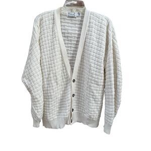 VTG 80's 90's‎ Cardigan Sweater Medium Cream Basketweave Made In USA Vintage